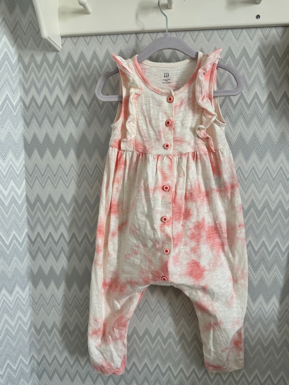 GAP Pink and White Tie-Dye Baby Romper with Ruffle Shoulders
